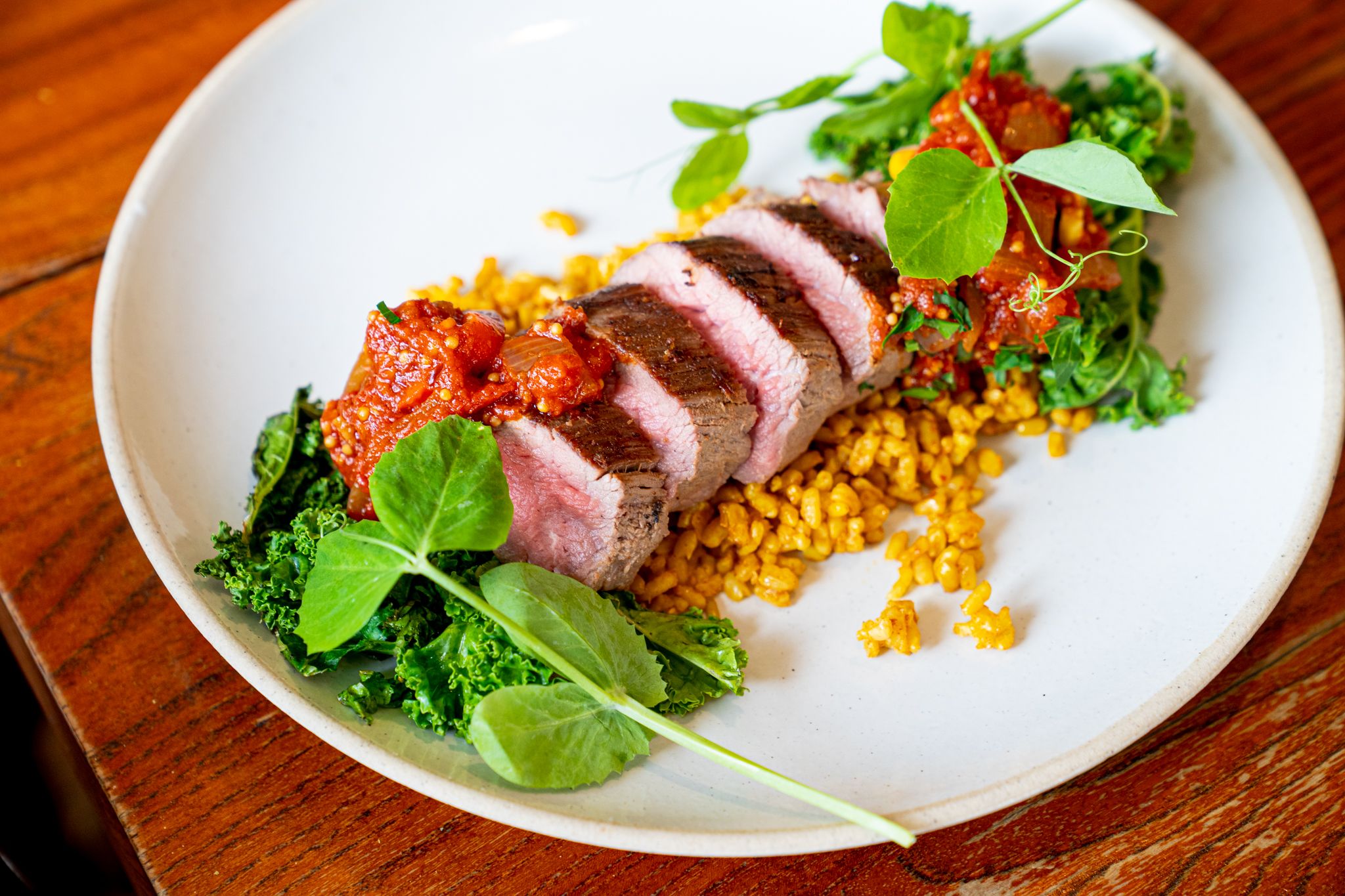 Chermoula steak w brown rice and garlic kale