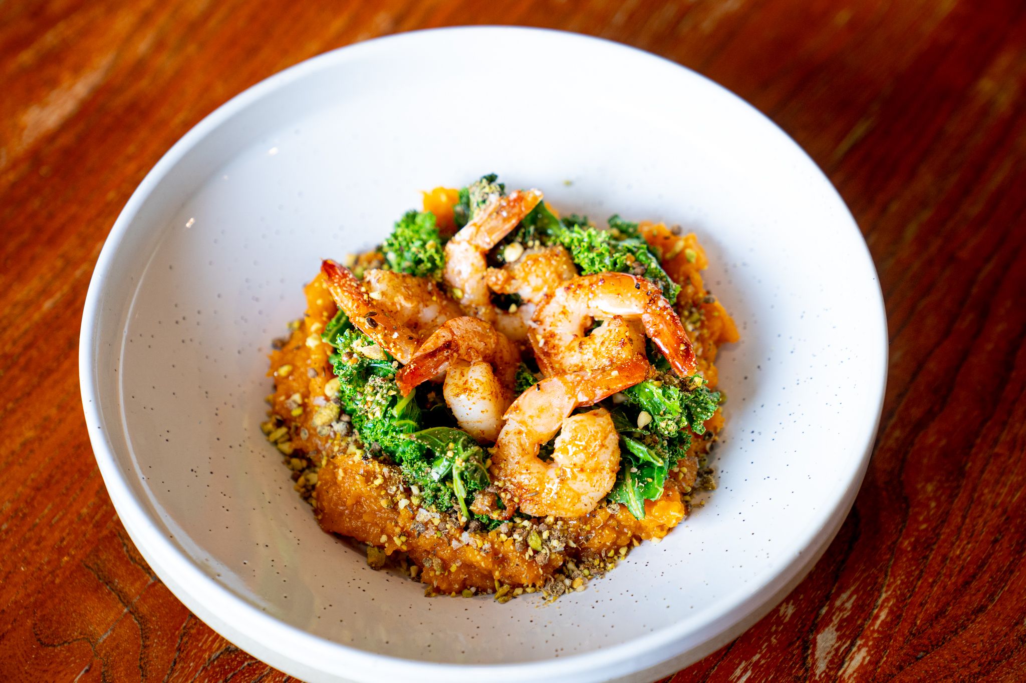 Harissa Prawns, Garlic, Kale & Sweet potato mash