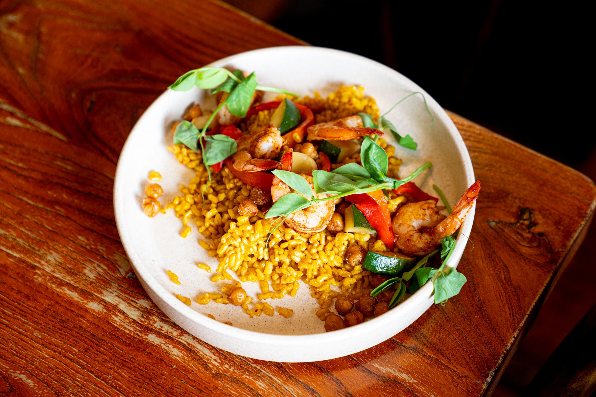 Harissa prawns and saffron couscous, chickpeas and roasted veg-1