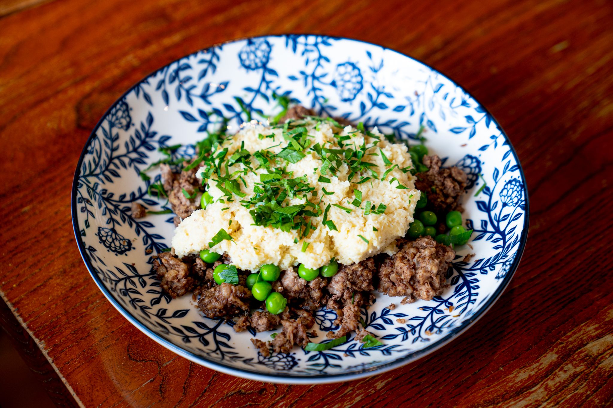 Lamb Kawarma shepherd’s pie, creamy cauliflower mash, green peas and roasted carrots.